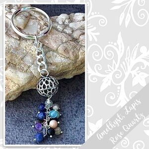 Lapis, Amethyst, Quartz, Onyx Silver Tassel Keychain, 4” (Blue, Purple, Pink)